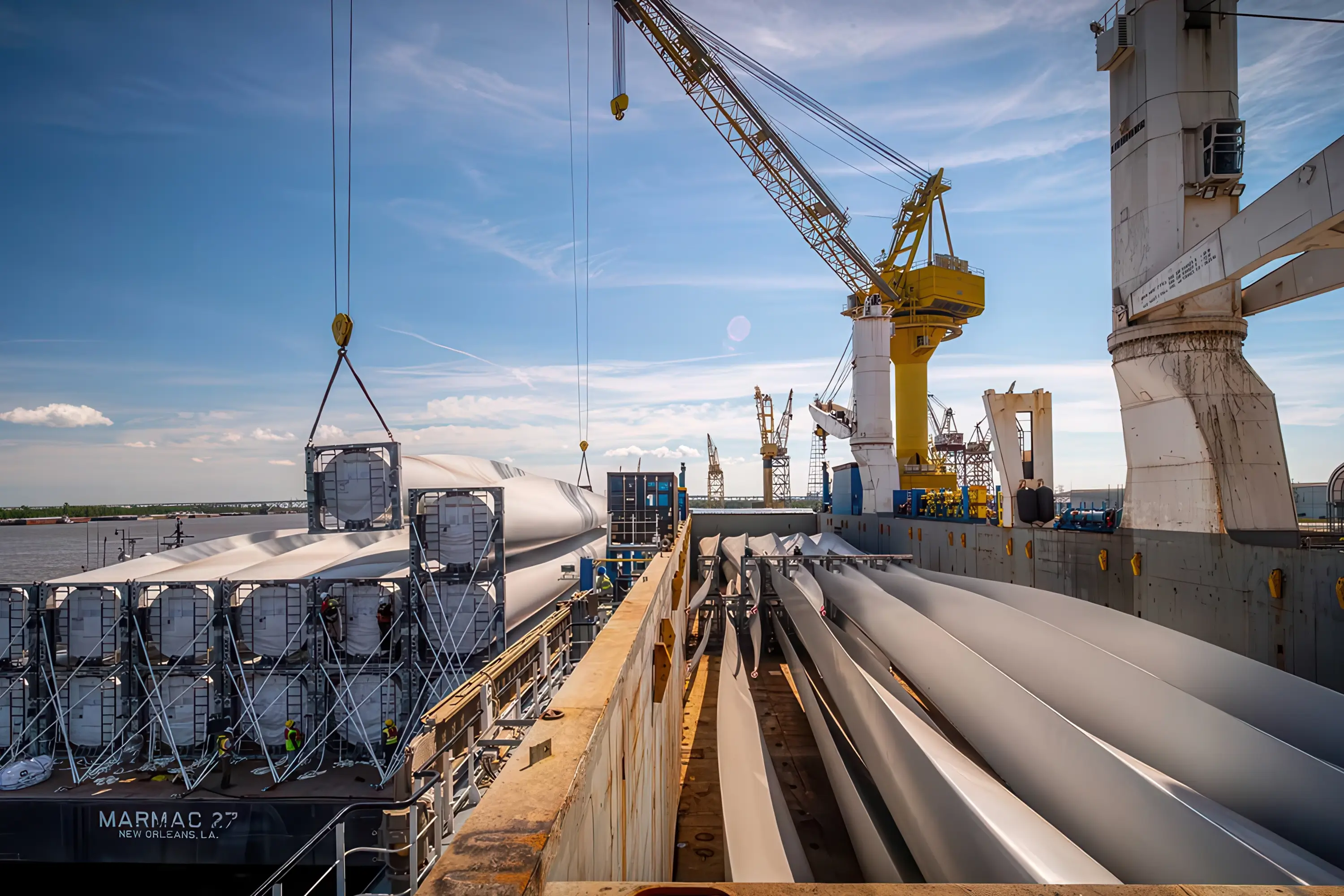 A crane lowering cargo at a dock