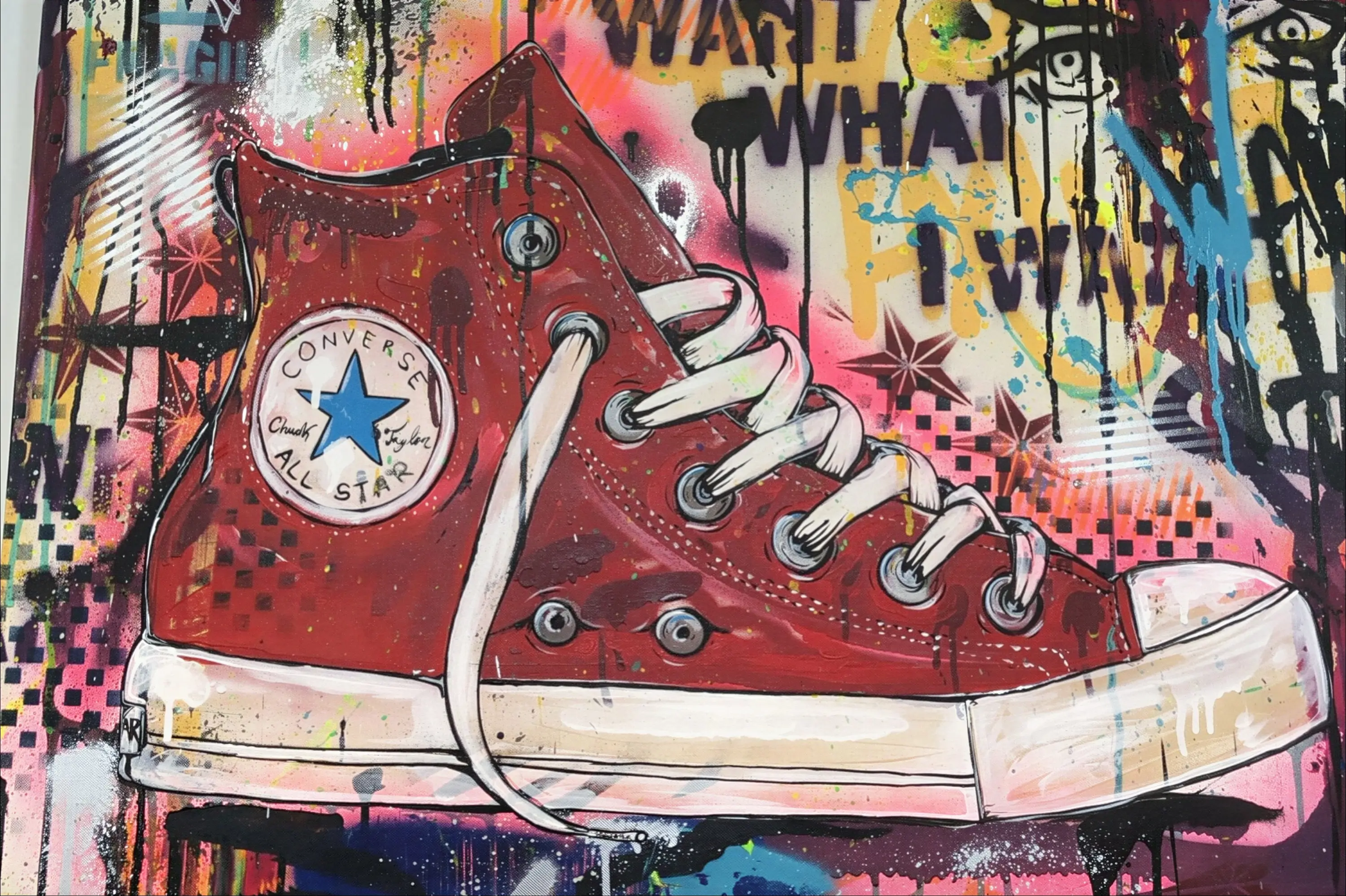 A mural of a shoe in the Wingerter Gallery