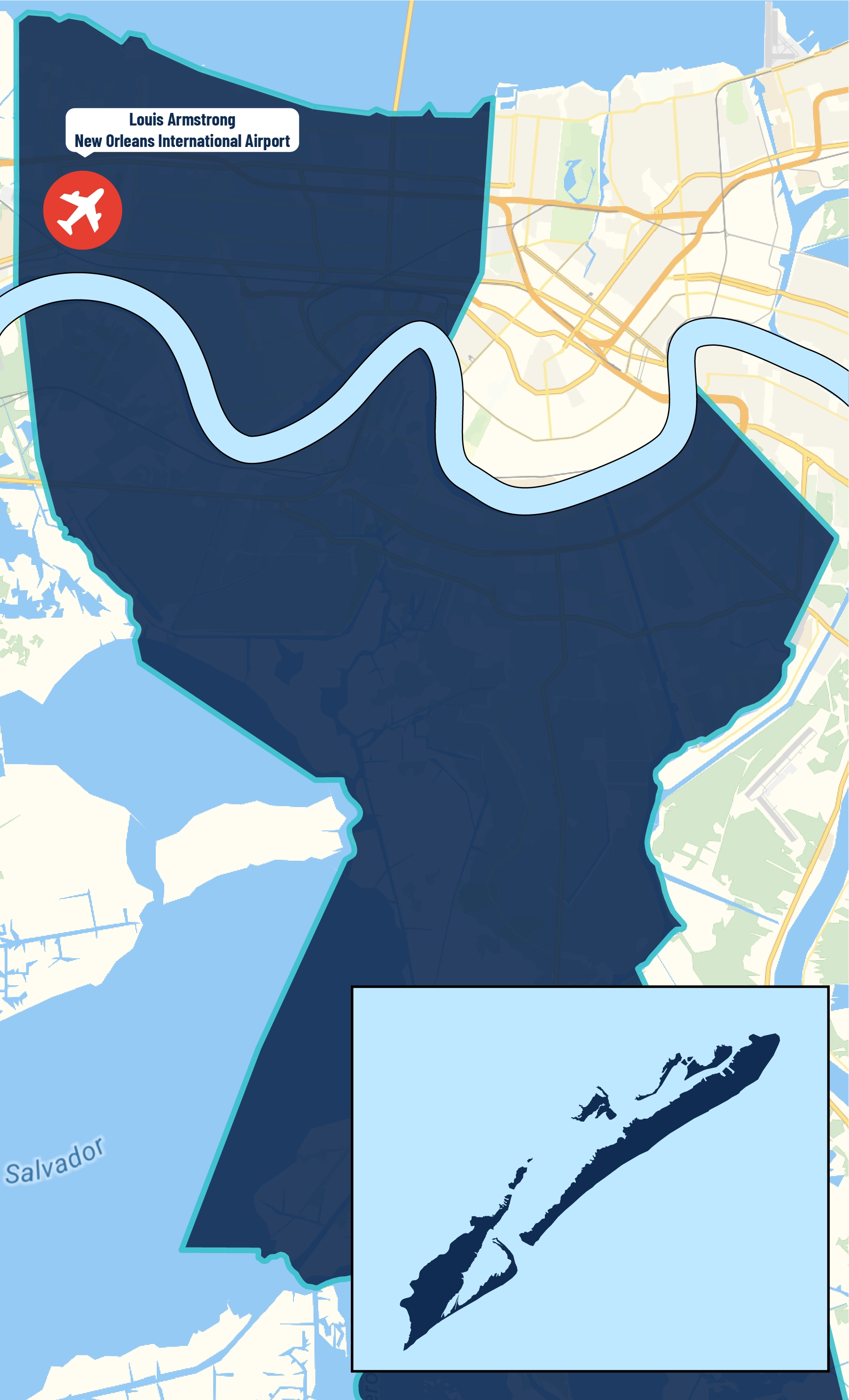 An interpretive map of the airport in Jefferson Parish