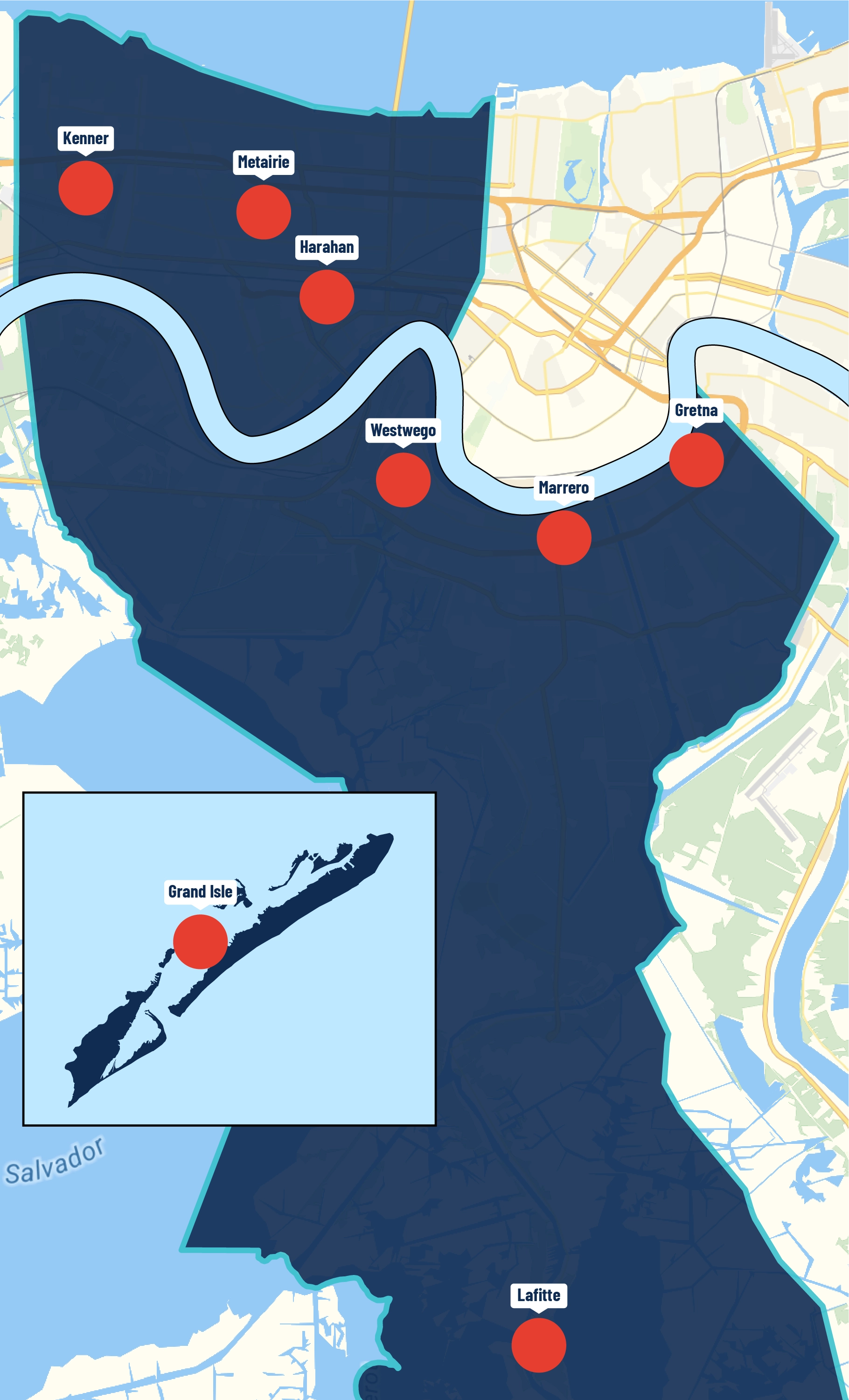 An interpretive map of locations in Jefferson Parish