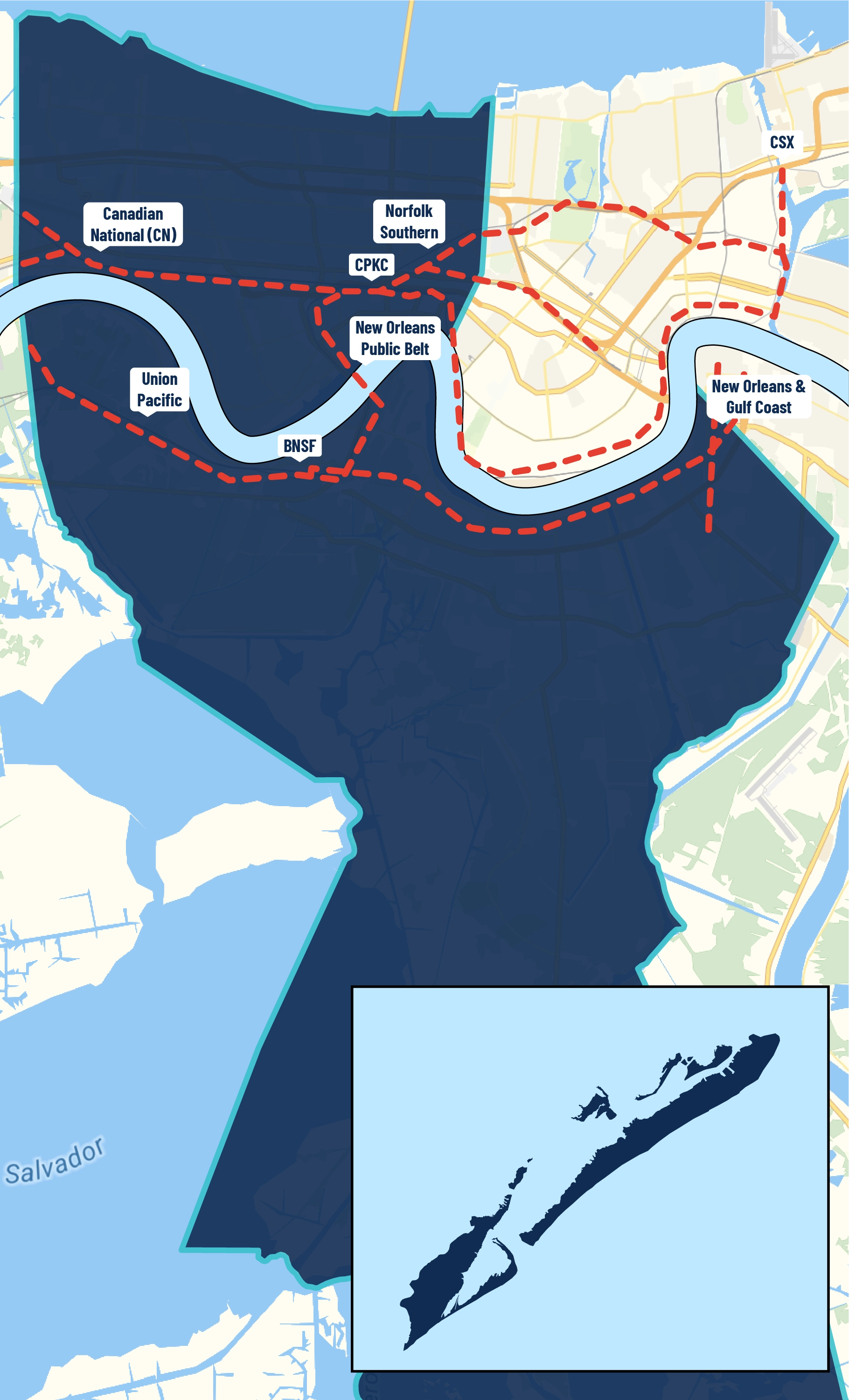 An interpretive map of the railways in Jefferson Parish