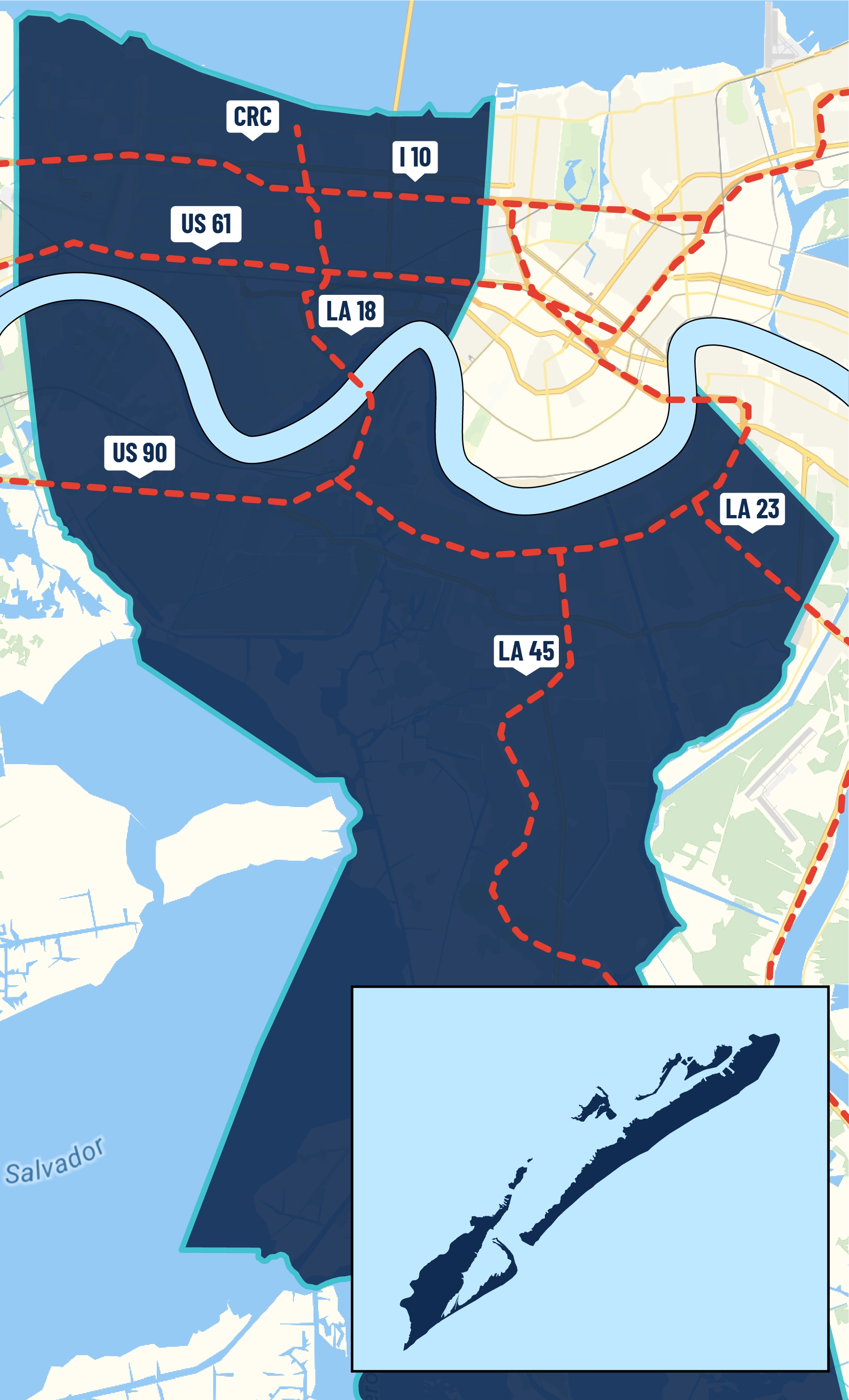 An interpretive map of the roadways in Jefferson Parish