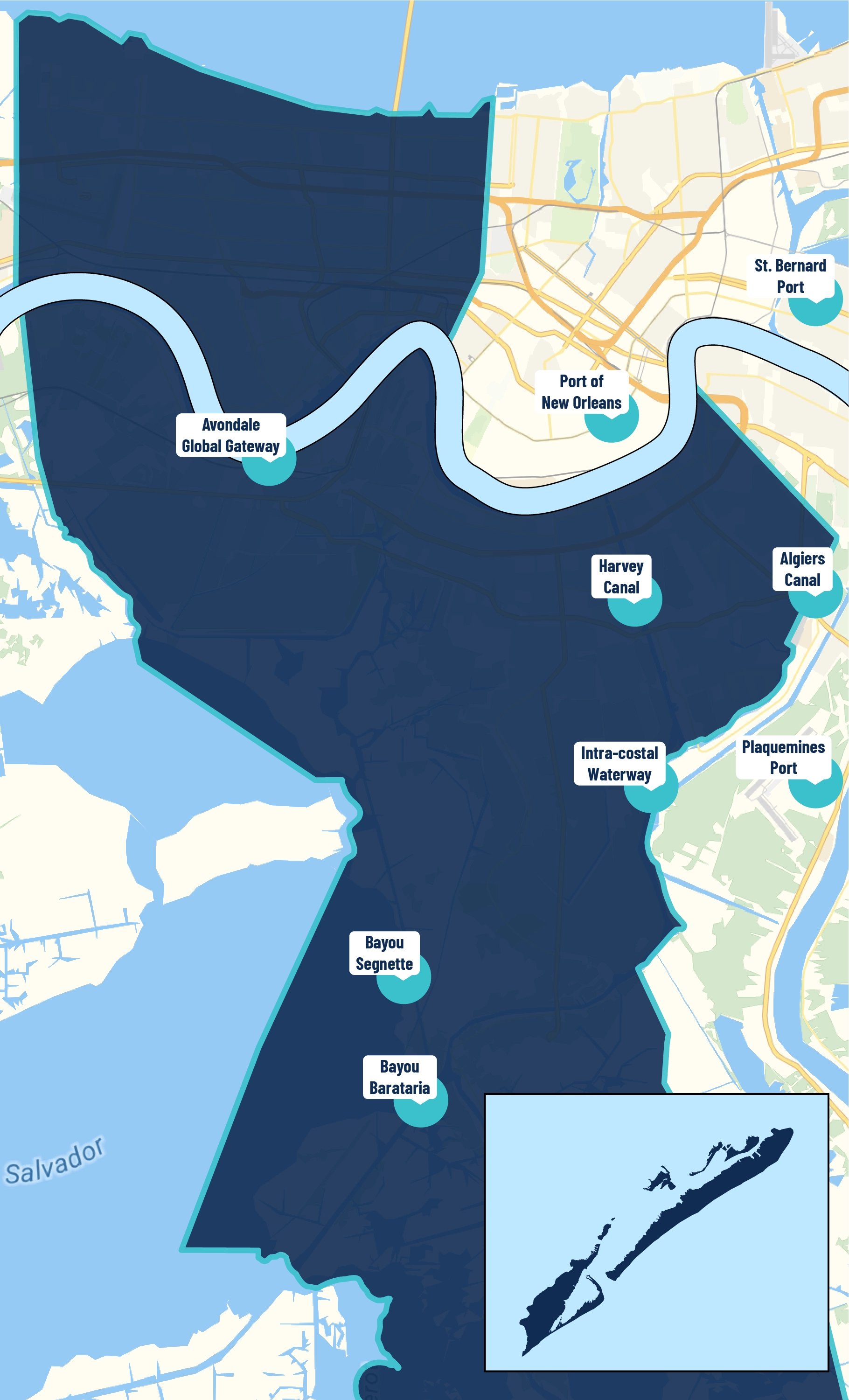 An interpretive map of the waterways in Jefferson Parish